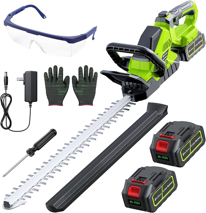 20'' Hedge Trimmers Cordless with 2pcs 4000mAh Battery, Brushless Electric Bush Clipper with Rechargeable Batteries, 3000RPM 180° Rotatable Head, 2/3'' Blade Gap Green,Gifts for Father’s Day
