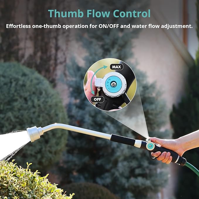 QUOBAS 24" Watering Wand with Interchangeable Spray Head, Garden Hose Sprayer Nozzle with Shower & Mist Modes, Thumb Control Long Reach Hose Nozzle for Plants & Lawn