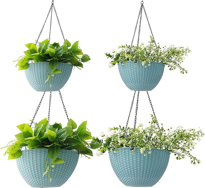 RooTrimmer Hanging Planters for Outdoor Plants 8/10 Inch, 4 Packs Hanging Flower Pot Indoor with Drainage Holes, Self-Watering Hanging Basket Perfect for Home, Office and Garden (Sky Blue)