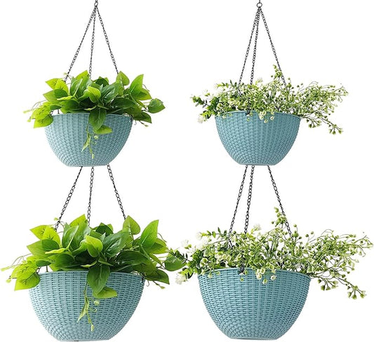 RooTrimmer Hanging Planters for Outdoor Plants 8/10 Inch, 4 Packs Hanging Flower Pot Indoor with Drainage Holes, Self-Watering Hanging Basket Perfect for Home, Office and Garden (Sky Blue)