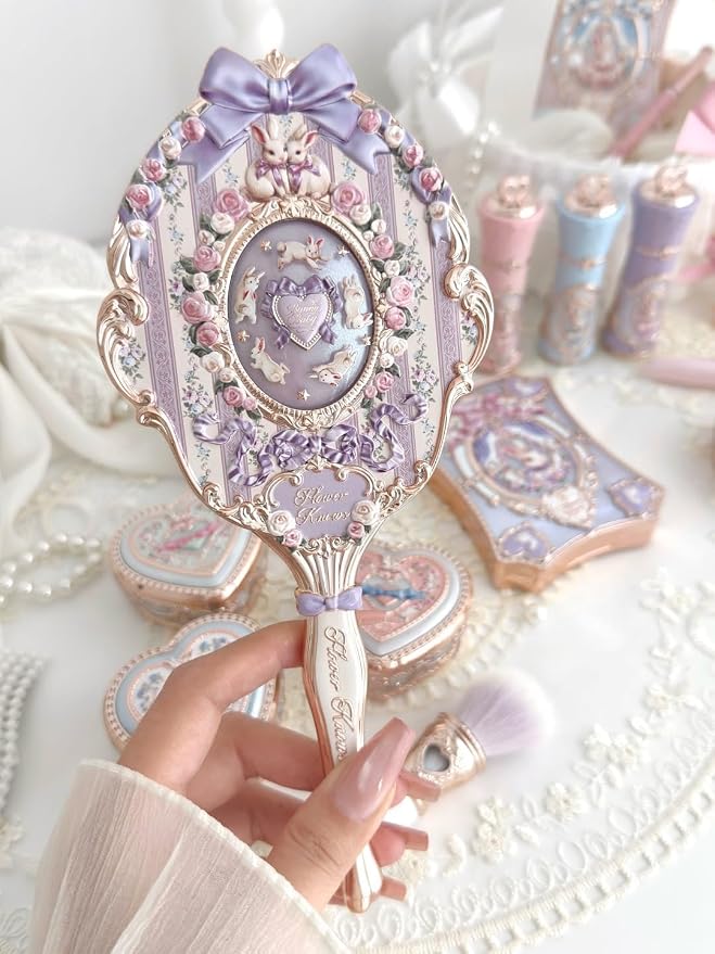 Flower Knows Bunny Garden Collection Hand Mirror,Vintage Portable Handheld Mirror,Fancy & Pretty Princess Mirror with Long Handle,Gift for Girls(Wisteria Purple)