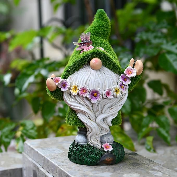 DiliComing Garden Flocked Gnomes Decor for Yard - Artificial Green Moss Gnome Statue with Solar Light, Dwarf Sculpture for Outdoor Patio Porch Lawn Decor, Spring Decorations for Home