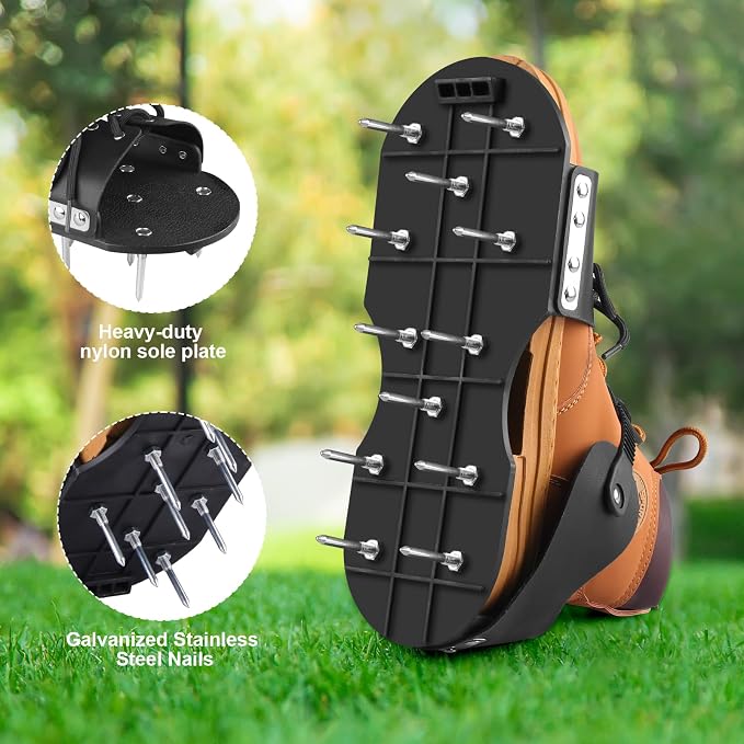 Lawn Aerator Shoes for Grass, Aerator Shoes with Adjustable Loop Strap, Grass Aerator Shoes with 26 Stainless Steel Nails, Aeration Shoes for Lawn Soil Aeration for Patios, Gardens (Light Black)