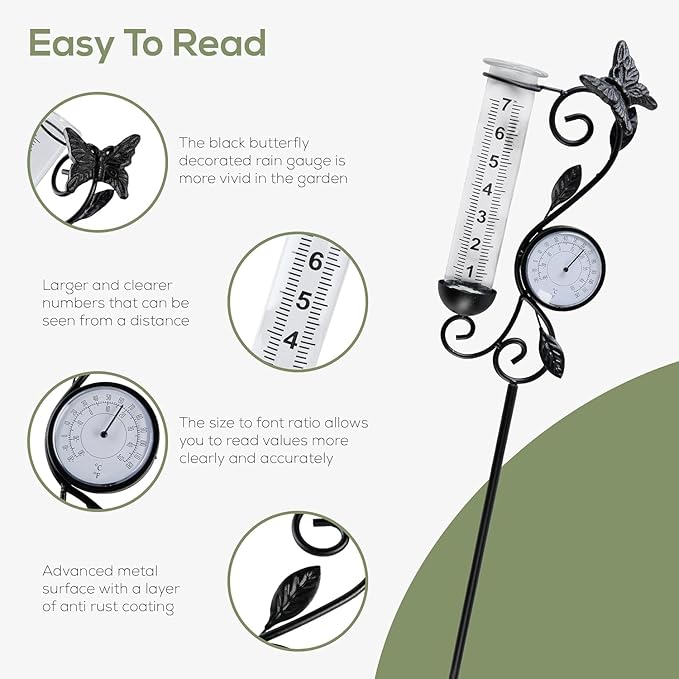 Rain Gauge Outdoor, Black Butterfly Rain Gauge with Thermometer for Measuring Precipitation, Garden Decoration,Yard Garden Patio Lawn (Black Butterfly)