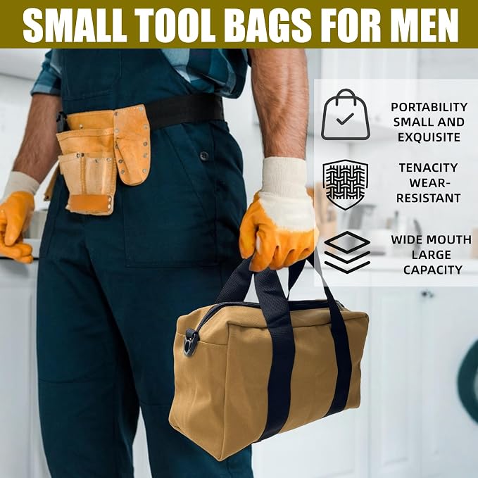 BLIRITEL Wide Mouth Tool Bag, Heavy Duty Canvas Tool Storage Bag, Large Capacity Handbag, Multi-function Tool Organizer Tote Bag for Storage Wrenches Pliers (Khaki, 14 Inch)