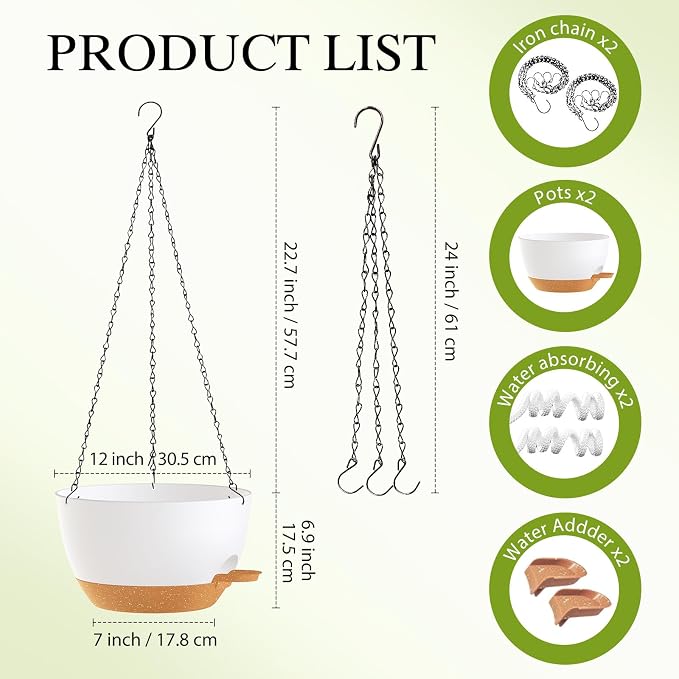 12 Inch Hanging Baskets 2 PC with Chains, Self-Watering Hanging Planters for Indoor Outdoor Plants, Plastic Hanging Flower Pots,White Brown