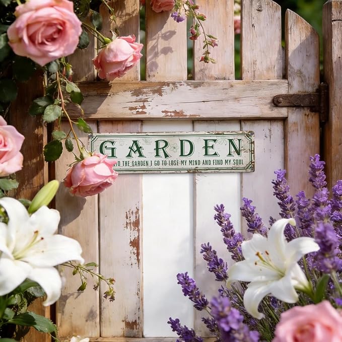 Garden Metal Tin Sign, Into The Garden To Lose My Mind Signs, Rustic Farmhouse Outdoor Wall Decor, for Porch Patio Fence, for Gardening Lovers, 15.7 x 3.9 Inches
