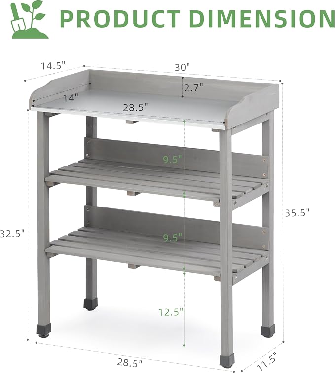 Outdoor Wooden Potting Bench Table, Garden Wood Workstation Planting Table with Metal Top, Storage Shelf, and 3 Hooks for Gardening, Grey