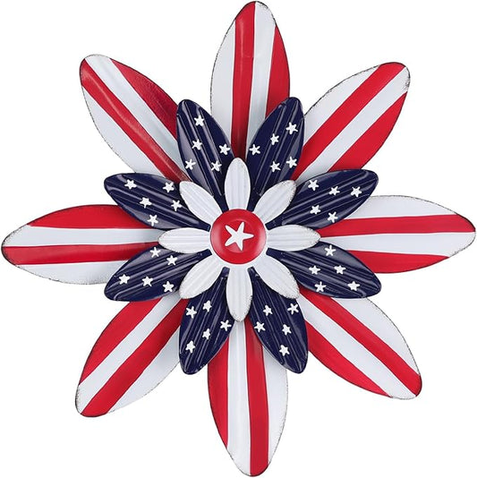 hogardeck 4th of July Decorations Outdoor, 16 inch Red White and Blue Metal Flower Wall Art for Fourth of July Decor, Patriotic Decorations for Yard Garden Home Indoor Mantel