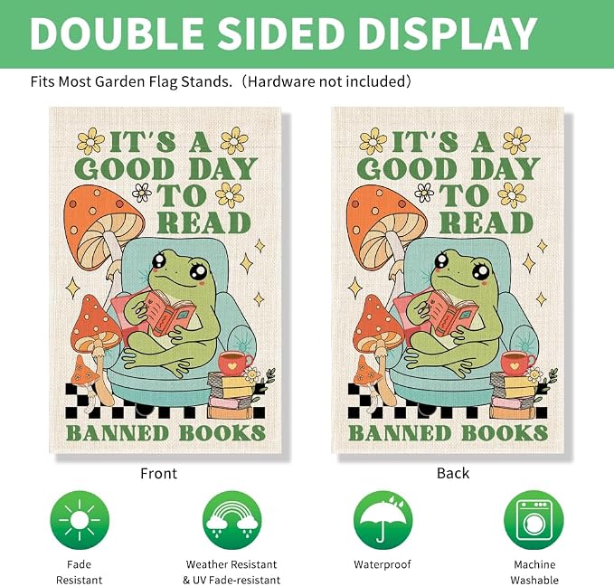 Perfectinsoy It's A Good Day To Read Banned Books Garden Flag, Funny Frog Banner, Community Welcome Yard Home Holiday Farmhouse Porch Patio Lawn Outdoors Decor, Outdoor Decor for Reader