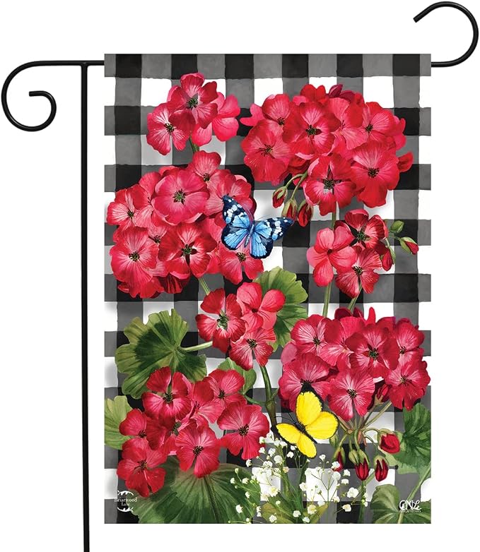 Briarwood Lane Checkered Geraniums Summer Garden Flag Floral 12.5" x 18"
