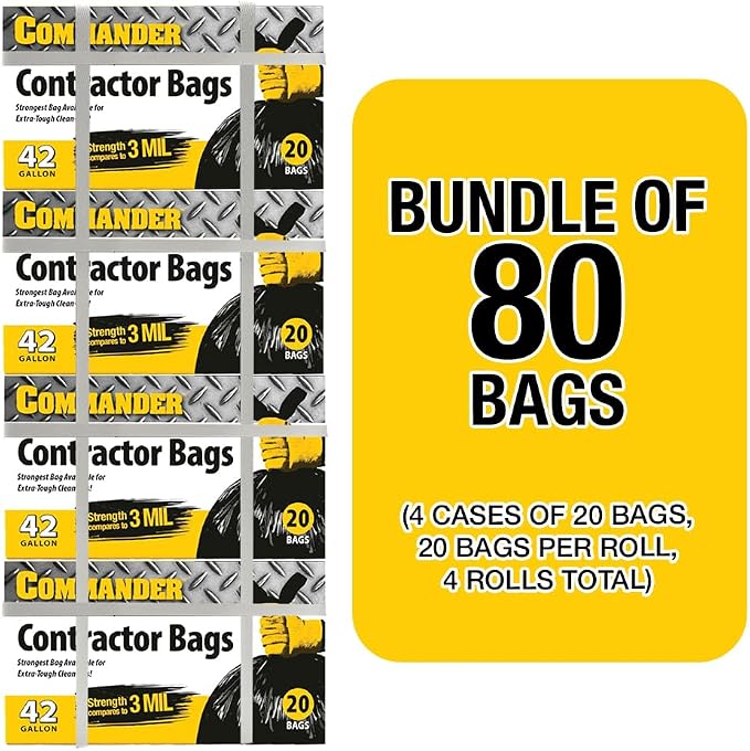 Commander 42 Gallon 3 MIL (eq) Heavy Duty Contractor Bags with Flap Ties - 32" x 46" - Pack of 80 - For Contractor, Industrial, & Outdoor