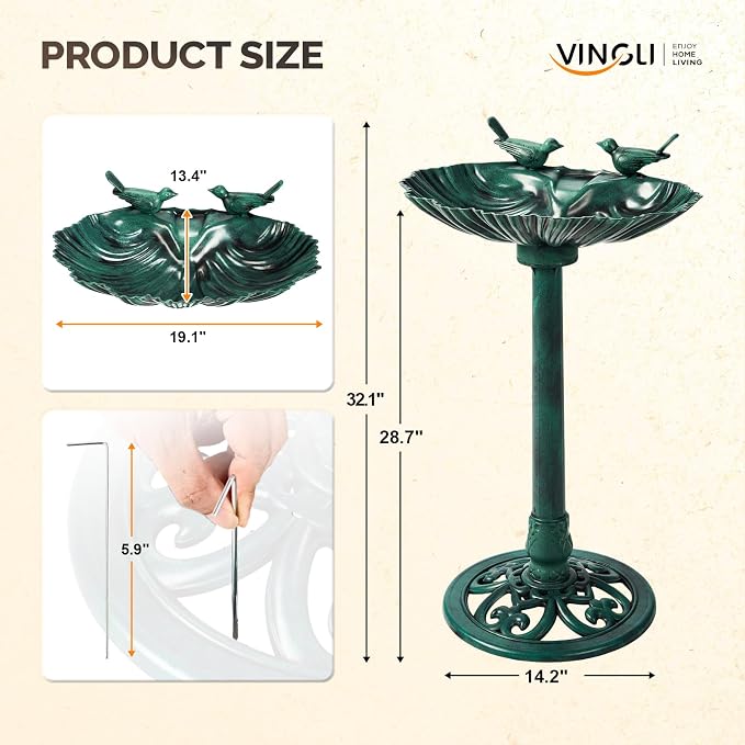 VINGLI Pedestal Bird Bath, Resin Birdbaths Weather Resistant Floral Accents and Vintage Finish Garden Decor for Outdoor Lightweight Courtyard (Green-Shell-Shaped with Solar Pump)