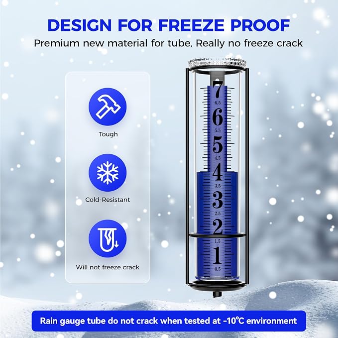 Upgraded Rain Gauge, Really Freeze Proof Rain Gauge Outdoor Best Rated, Large Clear Numbers Rain Gauges for Yard with Stake, Adjustable Height Rain Measuring Tool for Garden, Lawn, Easy to Use