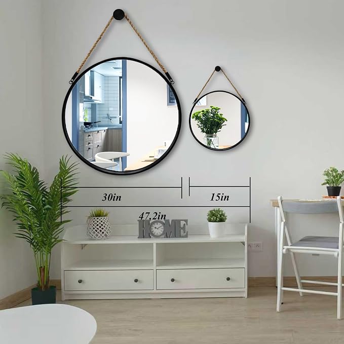 POZINO Round Hanging Mirror with Rope, 15" Circle Wall Mirror with Black Metal Frame, Farmhouse Decorative Mirror for Entryway, Living Room, Fireplace, Bedroom, Bathroom