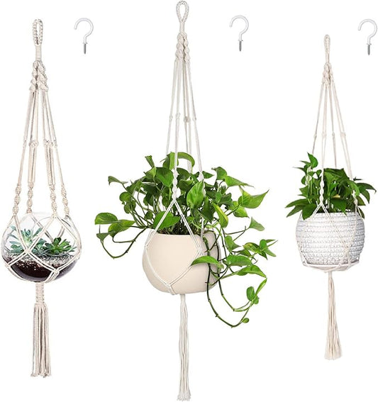 MIPON 3 Pack Macrame Plant Hangers, Hanging Planters for Indoor Plants | 3 Sizes (34"/41"/46") Handmade Cotton with Hooks, Boho Home Decor for Patio Balcony Living Room, Fits 5-10 Inch Pots