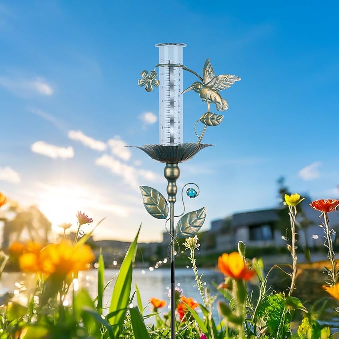 Rain Gauge Outdoor - 7" Glass Rain Gauges Tube - Hummingbird Rain Gauge Outdoor Decorative for Yard Garden, Freeze Proof Height Adjustable, Metal Water Gauge for Rain
