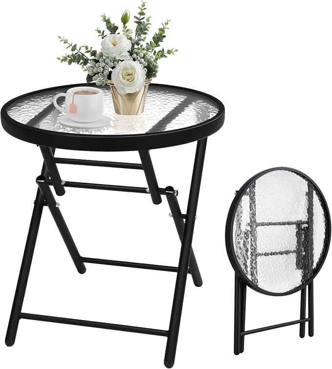VINGLI Folding Glass Outdoor Side Table, 18 Inches Small Foldable Patio Bistro Table with Tempered Glass Table Top for Lawn & Garden, Balcony, Porch and Pool, Round