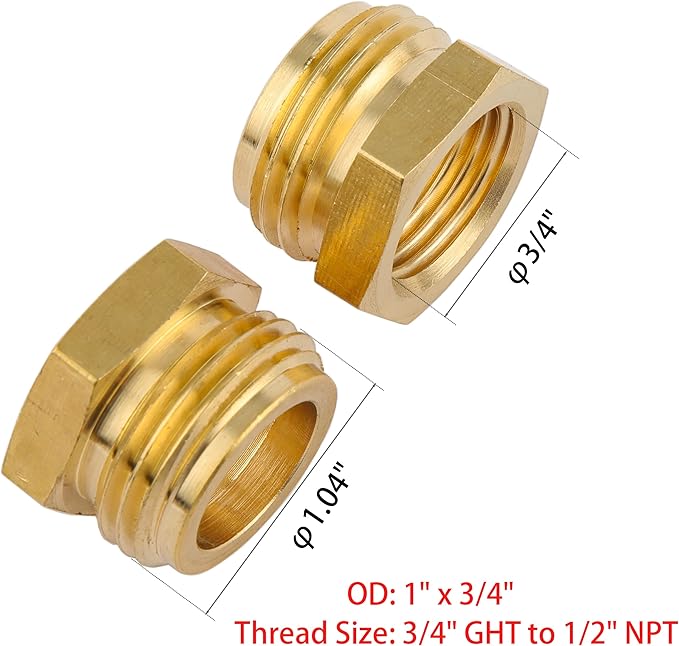 Garden Hose Adapter,3/4" GHT Male to 1/2" NPT Female Connector, Brass Garden Hose Convert Adapter Fitting, Garden Hose Thread to 1/2" Female Pipe Thread (2 Pack 1/2 to 3/4 hose adapter)