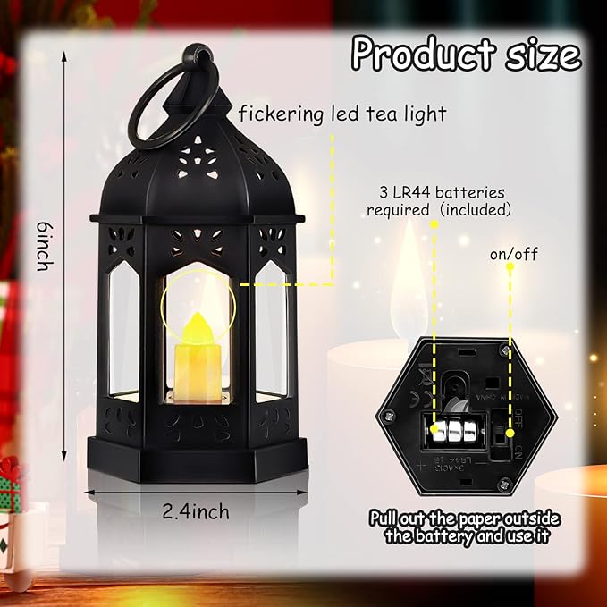Hortsun 24 Pcs Vintage Lanterns Mini Lantern for Wedding Table Centerpiece Retro Decor with LED Candle Battery Powered Hanging for Medieval Wedding Cowboy Halloween Party Decoration Supplies(Black)