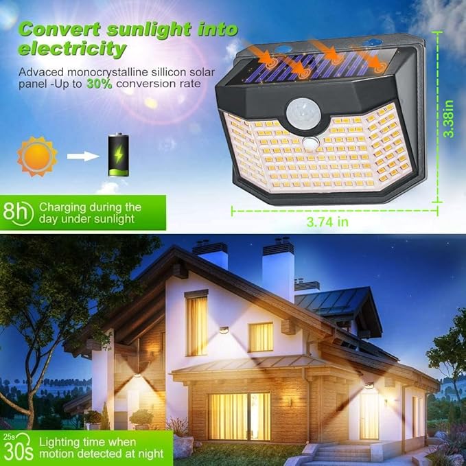 HMCITY 120 LED Solar Lights Outdoor with Motion Sensor and 3 Lighting Modes, IP65 Waterproof Wide Solar Wall Lights Ideal for Garden Patio Yard (Front Button 2Packs, White Shell-Warm White)