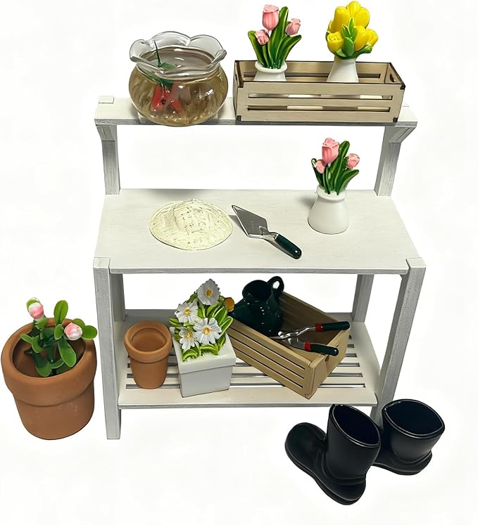 Miniature Scene Building 1:12 Scale Garden Potting Bench Set with Tools, Flowers, Pots and Fish Bowl (Potting Bench)