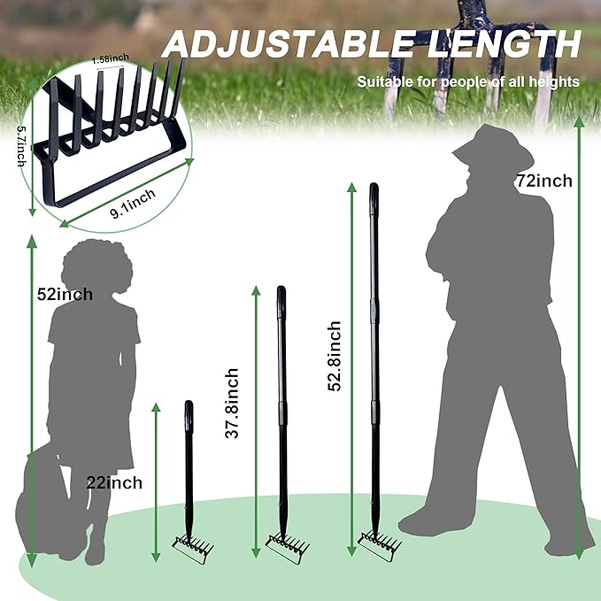 8-Tines Rake and Stirrup Hoe - Adjustable Long Handle Scuffle Loop Action Hoe for Weeding, Digging, Loosening Soil, Stainless Steel Tiller Cultivator for Gardening, Raised Flower Beds Planting.