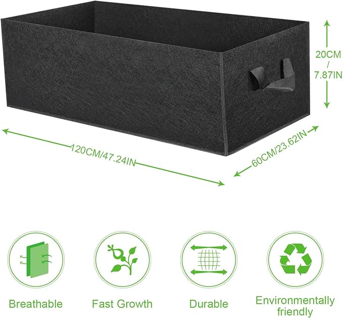 ANGELIOX 1 Pack 38 Gallon Grow Bags, 400g Thickened Nonwoven Fabric Raised Garden Bed Square Flower Planter Containers for Carrot Onion,Flowers,Fruit/Growing Pots with Handles(120x60x20cm)