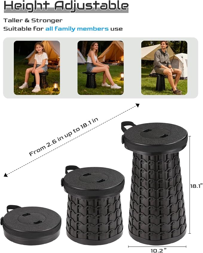 Spisces 2026 Heavy Duty Collapsible Stool | 600lbs Capacity, 18-in Tall Lightweight 2.6lbs Portable Retractable Telescoping Stool for Adults, Camping Fishing Hiking Travel BBQ