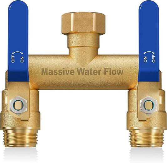 Hose Splitter 2 Way Heavy Duty, Full Flow Garden Hose Splitter with 2 Long Metal Handles, Brass Rust and Freeze Resistant Water Hose Bib Splitter, T Adapter Connector with 3/4 - Inch GHT Thread（Blue）