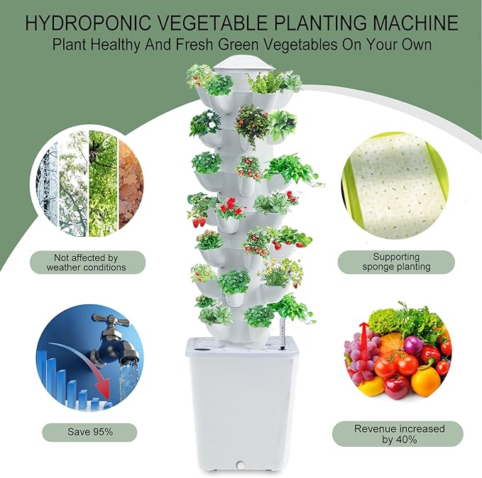 Hydroponics Tower Indoor Growing System Vertical Garden Planter Indoor Smart Garden Kit with Pump and Movable Water Tank Vegetable Plant Gift for Gardening Lover 35-Plants(White)