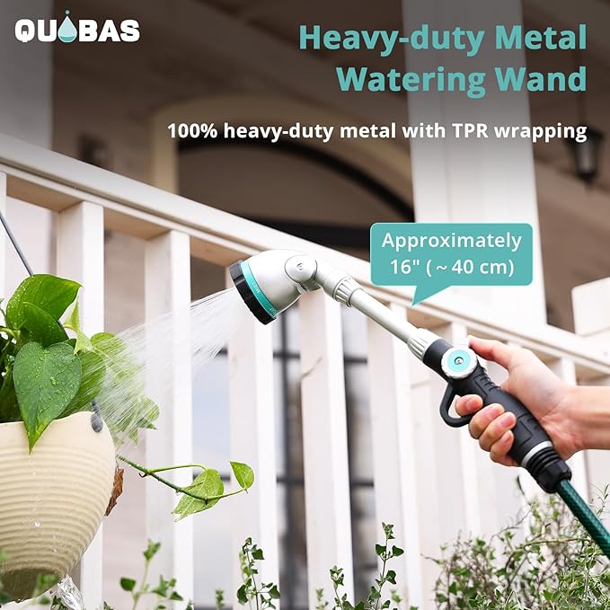 QUOBAS 16" Watering Wand, Heavy Duty Garden Hose Wand with 90°Adjustable Head, Thumb Control & 6 Spray Patterns, Long Reach Hose Nozzle for Hanging Bakets and Shrubs