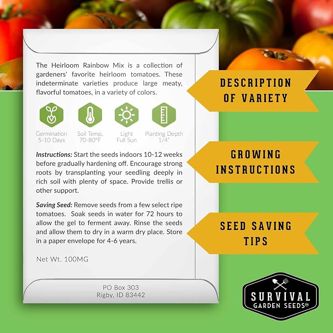 Heirloom Rainbow Mix Tomato Seeds for Planting - Colorful Heirloom Varieties Seed Blend, High Yield Garden Tomatoes, Non-GMO Open Pollinated - Survival Garden Seeds (5 Pack)