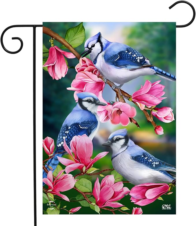 Briarwood Lane Blue Jay Trio Spring Garden Flag Floral Birds 12.5" x 18"