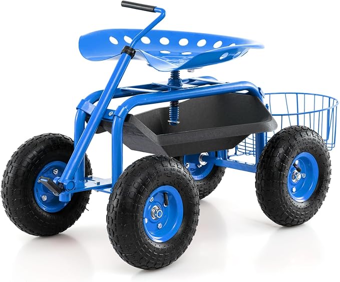 IRONMAX Garden Cart with Seat, Gardening Rolling Stool Scooter with 10’’ All-Terrain Wheels, Adjustable Steering Handle & Tool Tray and Basket for Outdoor Planting (Blue)