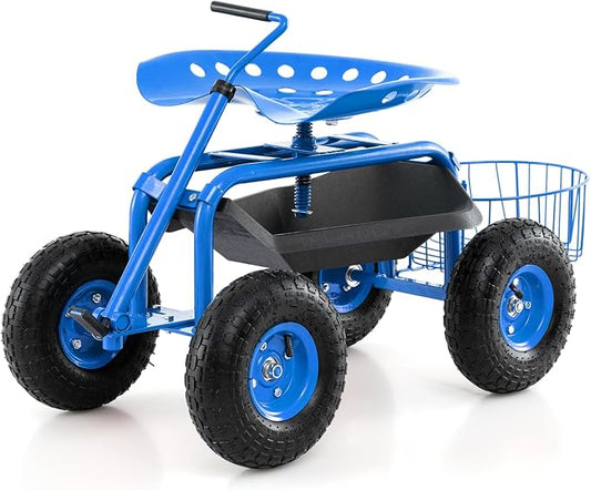 IRONMAX Garden Cart with Seat, Gardening Rolling Stool Scooter with 10’’ All-Terrain Wheels, Adjustable Steering Handle & Tool Tray and Basket for Outdoor Planting (Blue)