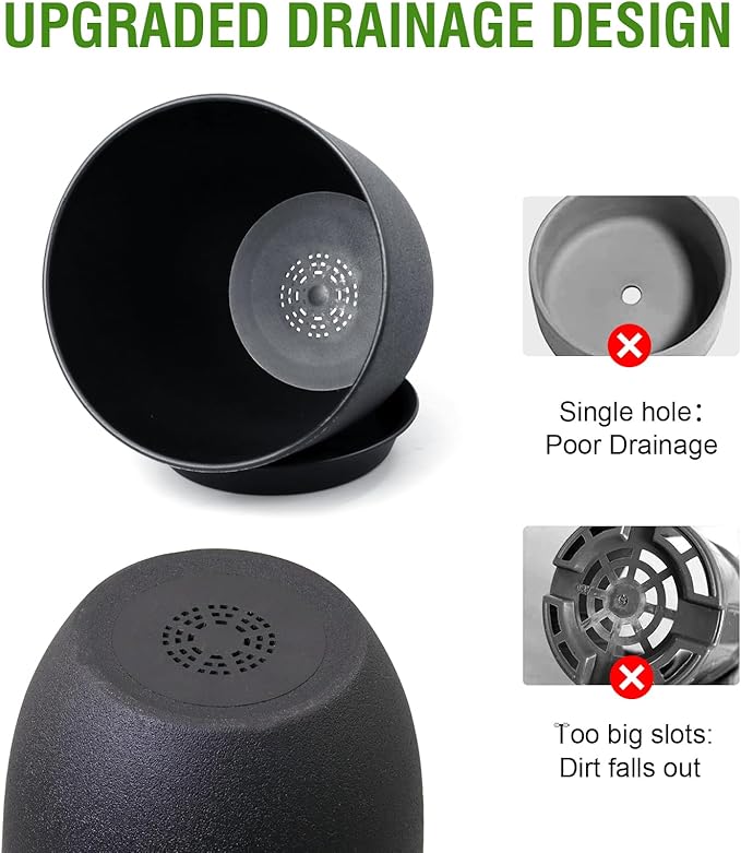 WSMKSZ 10/9/8 inch Medium Plant Pots, 3 Pack Modern Decorative Plastic Planters with Drainage Holes and Saucers, Flower Pots for Indoor Outdoor Plants, Black