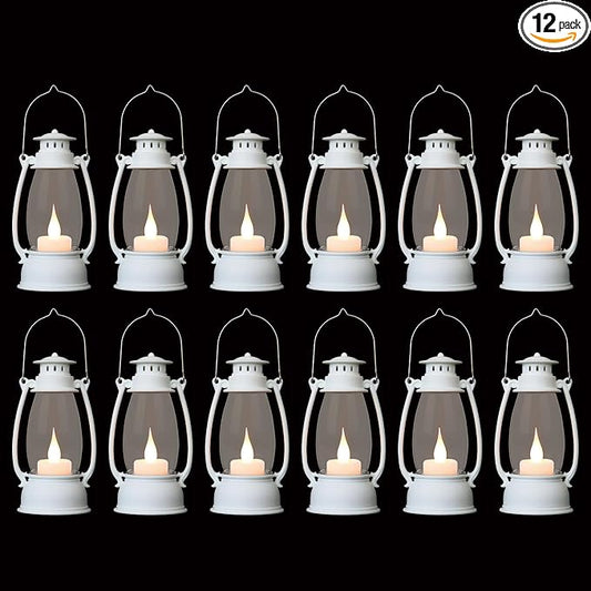 12Pcs Mini White Lanterns for Western Halloween Christmas – 6Inch Candle Lanterns with Flickering LED, Wedding Centerpiece Table Decorations, Camping Decor & Hanging Ornaments for Rustic Party