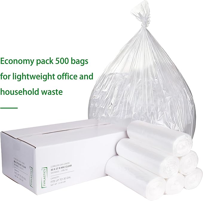 TYPLASTICS 20-30 Gallon Clear Trash Bags 30" x 37" High Density Can Liners Case of 500 for Office, Outdoor, Recycling, Industrial and Commercial