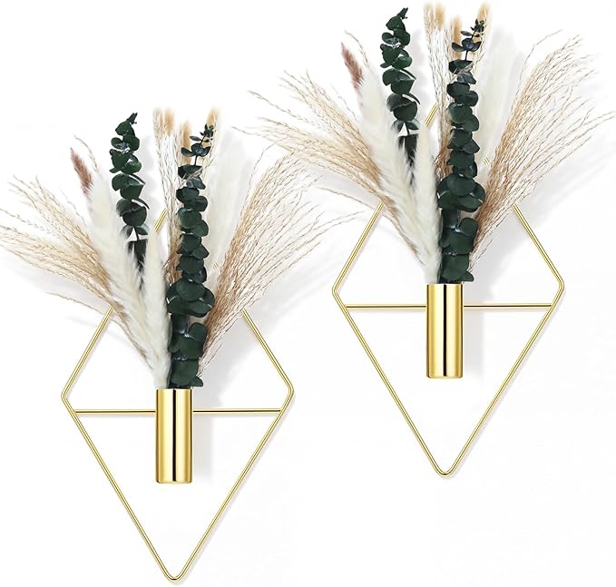 Canlierr 4 Pcs Gold Wall Decor Hanging Planters with Artificial Plants Eucalyptus Pampas Grass Metal Hanging Vase Indoor Plants Holder Modern Boho Wall Art for Bathroom Bedroom Living Room Decor