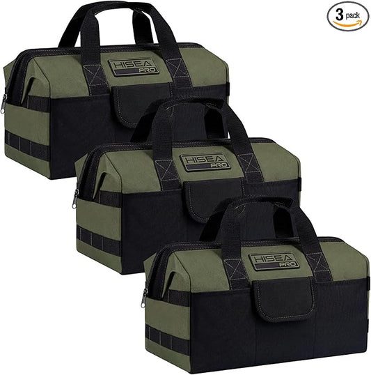 HISEA 3 Pack Heavy Duty Tool Bag with Storage Pockets, 13-Inch Tools Organizer Tote with Wide Base, Waterproof Durable Tool Bags with Zipper for Electrician, Tradesman (Geen)