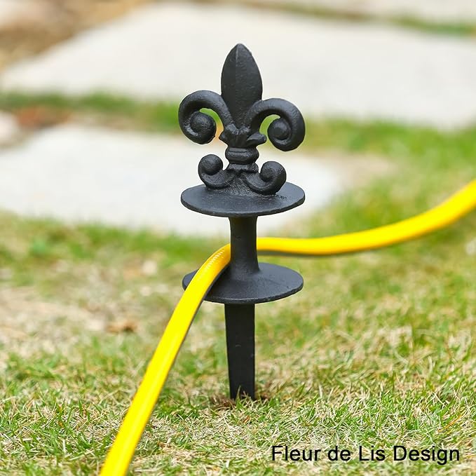 Black Metal Hose Guide Stakes, Cast Iron Fleur de Lis Decorative Garden Hose Guide Spikes for Lawn Protection, Set of 3