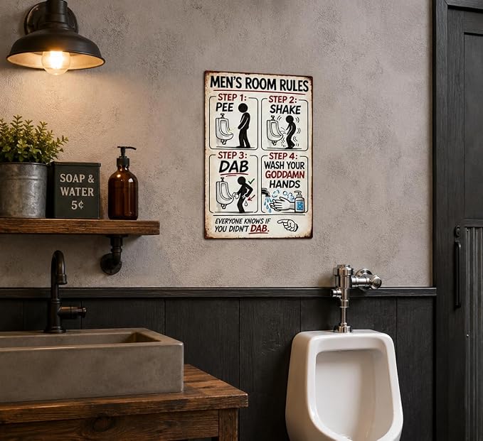 Men's Room Rules Funny Metal Sign, Vintage Bathroom Humor Wall Decor, Retro Restroom Step Guide Plaque for Man Cave Garage Bar Home Bathroom Decor 8x12 Inch