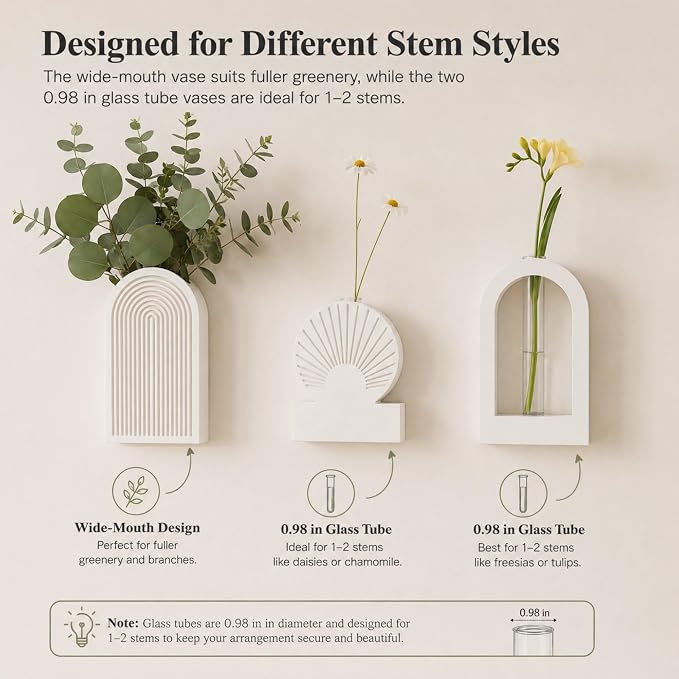 TBWIND White Wooden Wall Vases for Flowers Set of 3, Propagation Planter with 2 Glass Tubes, Modern Farmhouse Hanging Wood Decor for Living Room, Entryway