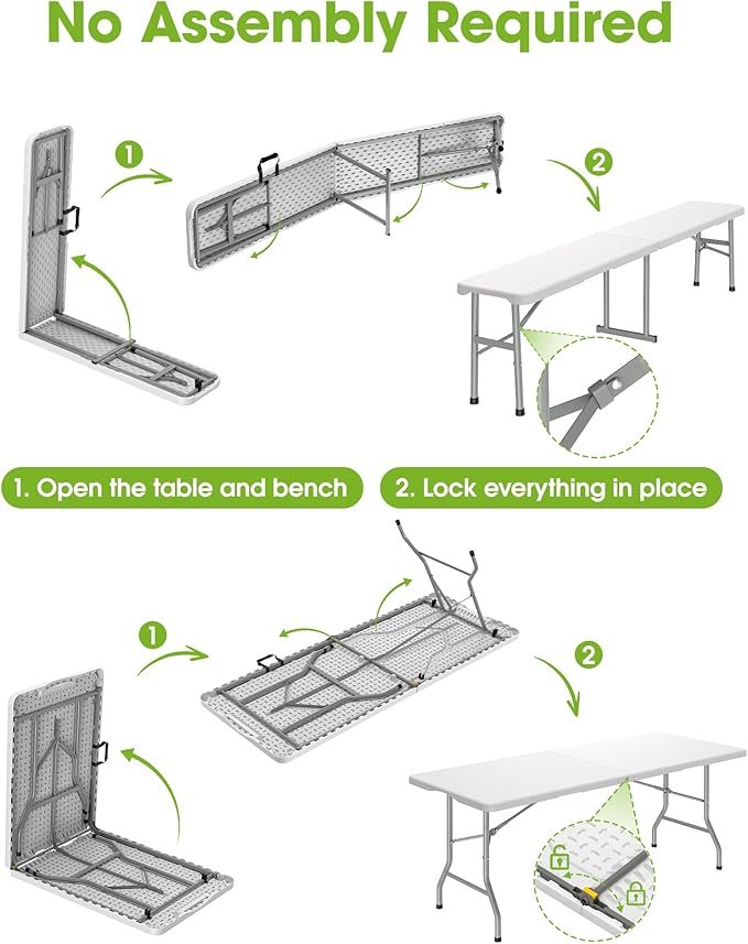 Pureegg Folding Table and Chairs Set - Sturdy 6FT Folding Table with 2 Chairs, No Assembly Required, Portable Camping Table with Carry Handle for Dining, Party, White