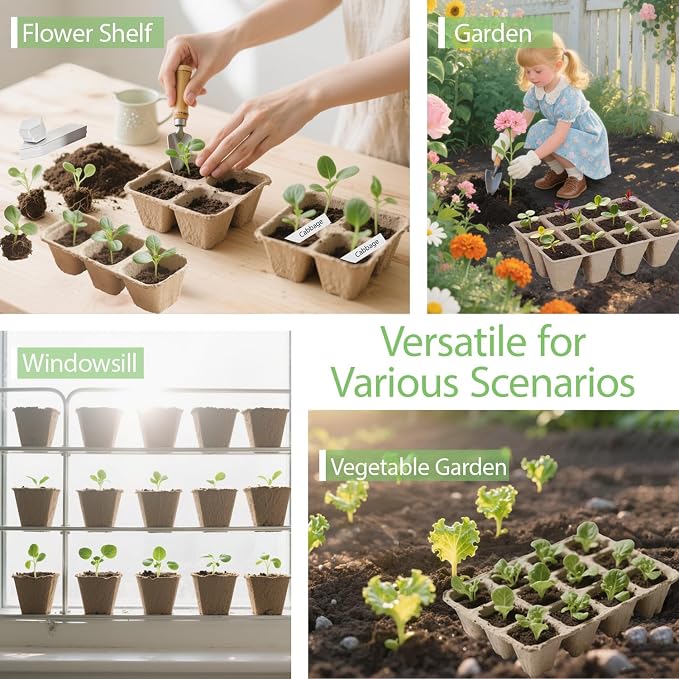 10-Pack Seed Starter Trays – Peat Pots for Seedlings, 120 Biodegradable Seed Starter Pots, Seed Starting Kit with 120 Plant Labels (Large)