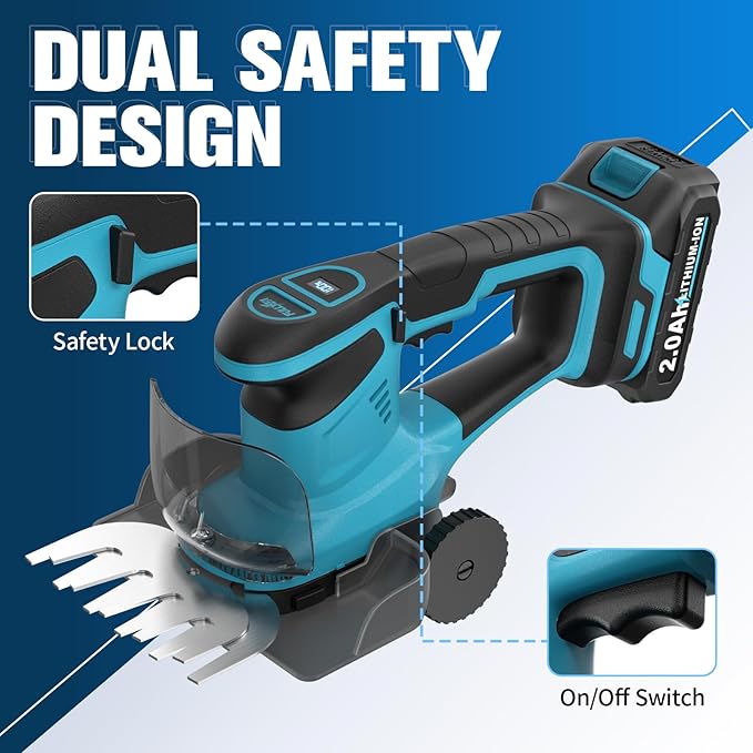 FULLYEA Electric Hedge Trimmer Cordless, 2-in-1 Shrub Trimmer & Grass Shear, Lightweight Bush Trimmer with 2 Blades & 2 * 2.0Ah Batteries, Handheld Grass Trimmer, Battery Powered Hedge Cutter (Blue)