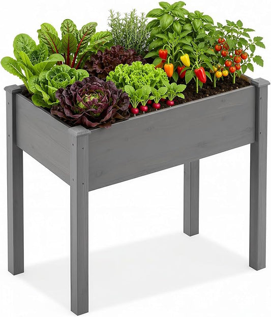 DUMOS Raised Garden Bed with Legs, 34x18x30 Inch Planter Box Outdoor with Liner for Herbs Flowers Vegetables, Elevated Wooden Garden Bed for Patio, Balcony and Backyard, Dark Grey