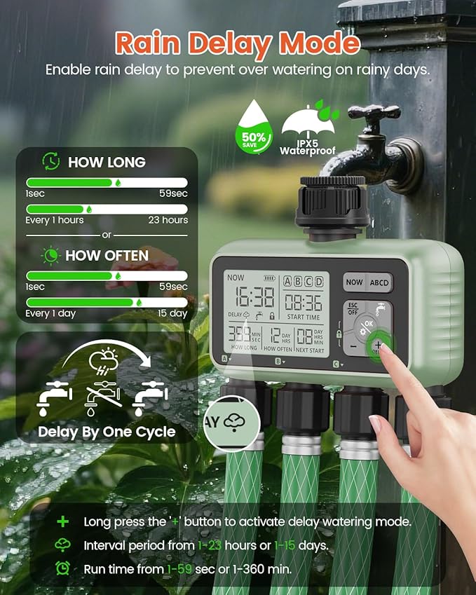 Sprinkler Timer 4 Zone Water Timer for Garden Hose Programmable Outdoor Hose Faucet Controller with Rain Delay Manual and Automatic Irrigation Controller System Low Battery Warning for Lawn Yard