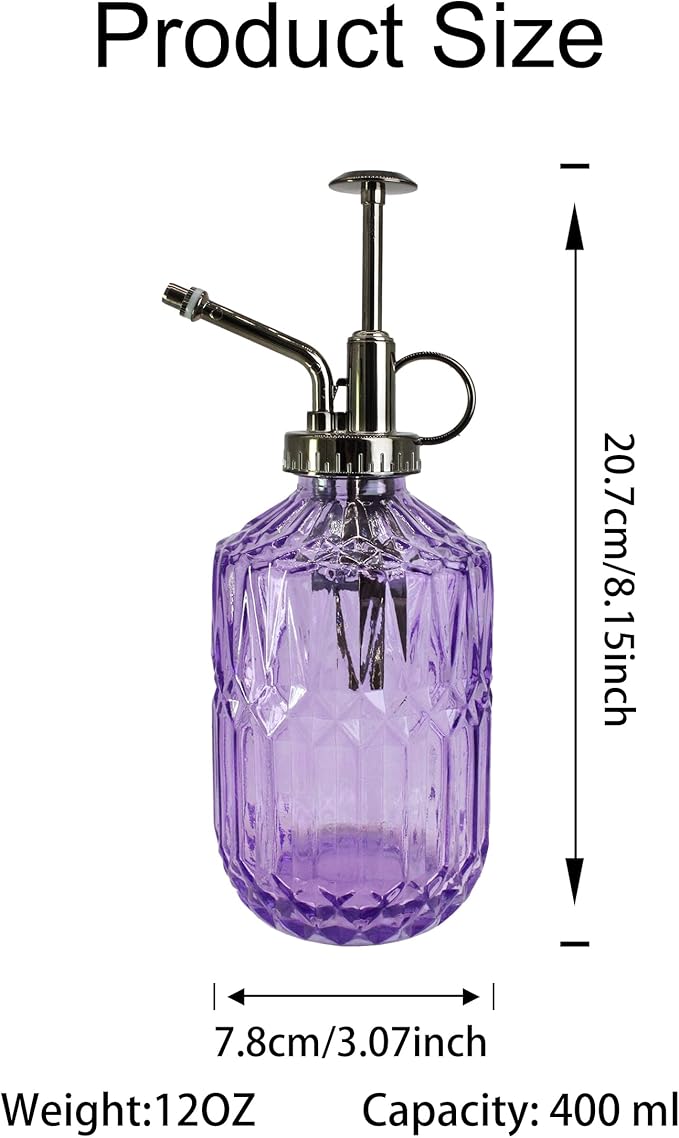 Glass Plant Mister Spray Bottle, 400ML Vintage Plant Spritzer with Top Pump Watering Can for Indoor Outdoor House Plants, Flowers (Purple)